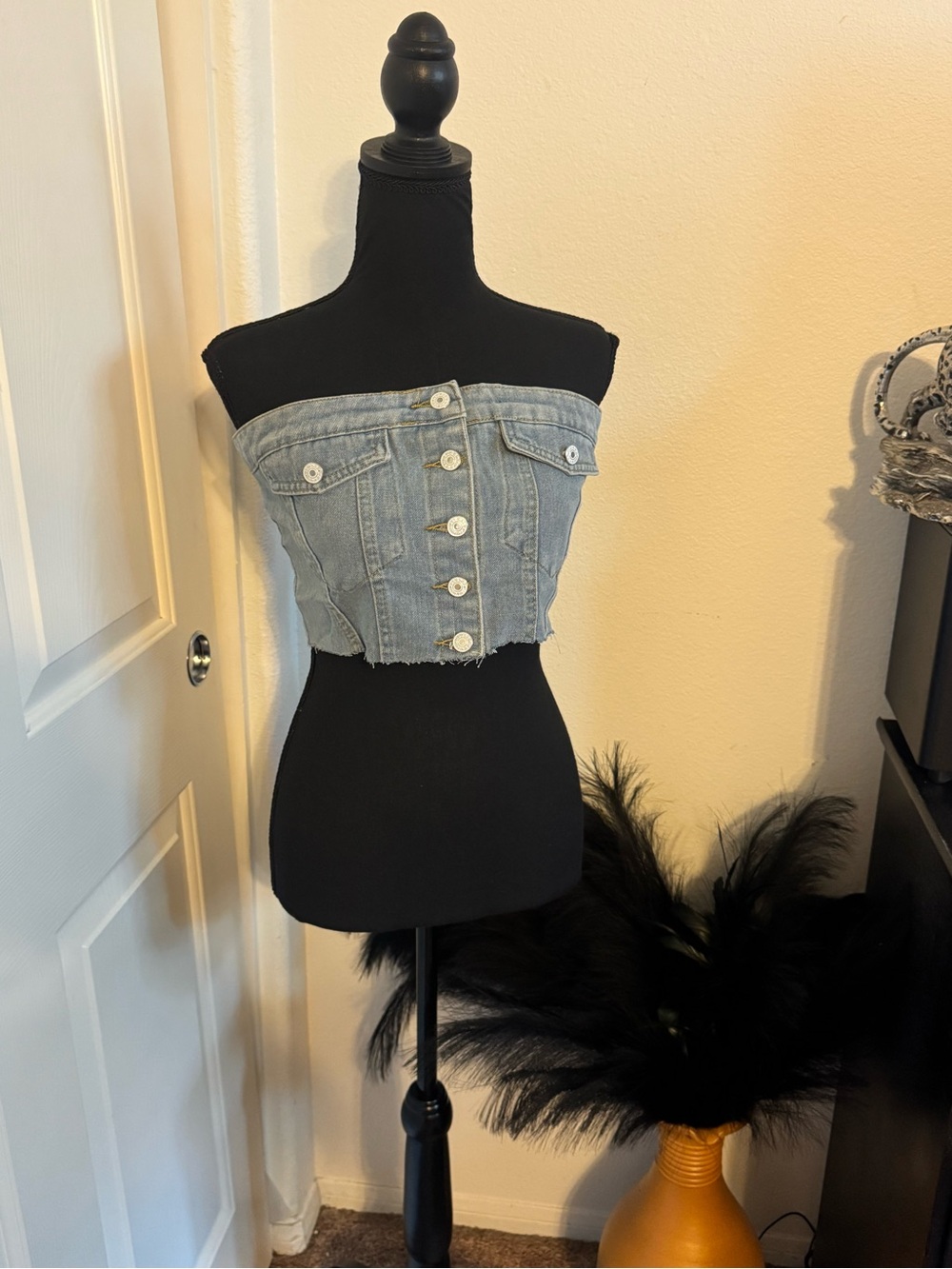 Denim Strapless Crop Top - Light Blue